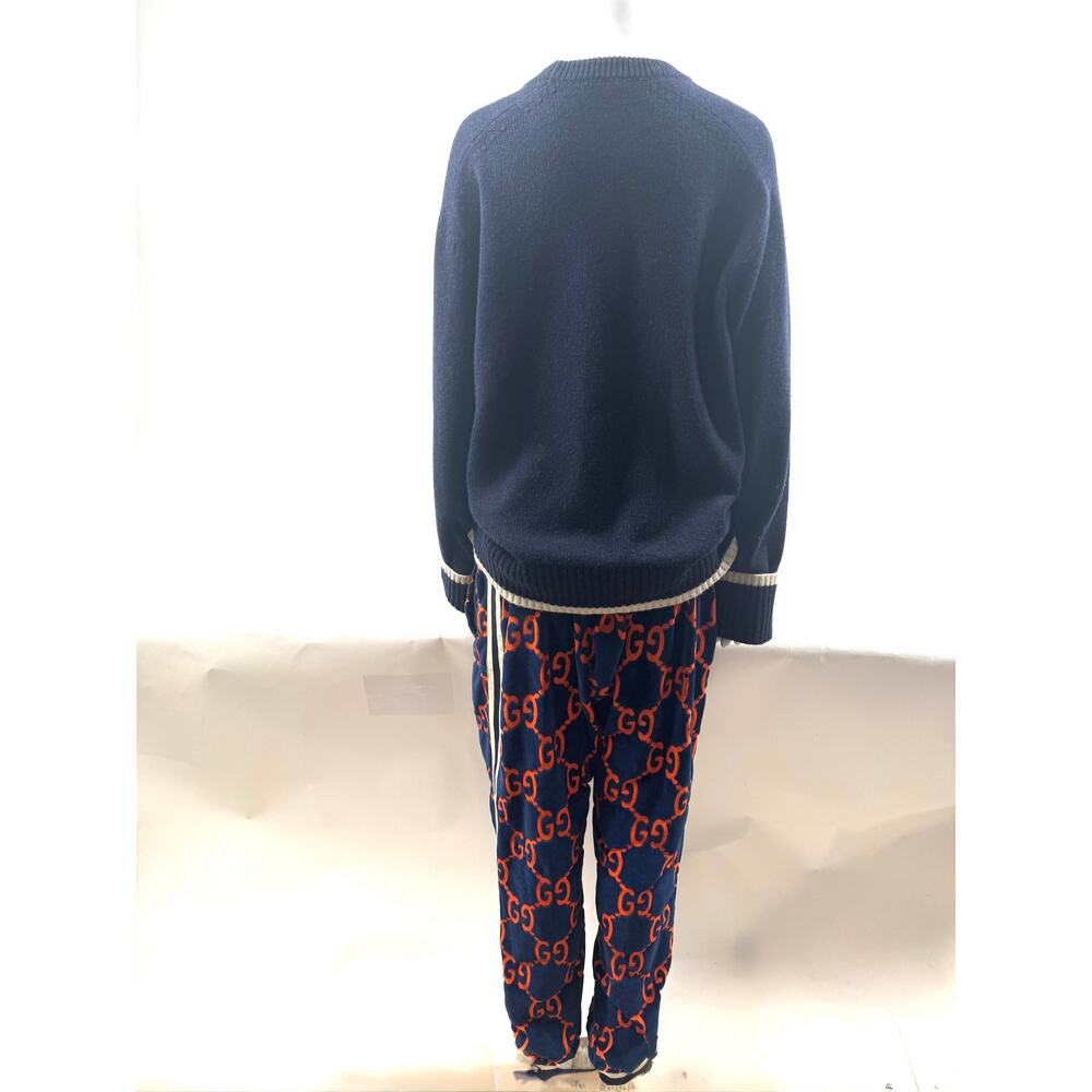 Gucci GG Velour Jogger Pants Size L Navy Orange Monogram Waffle Knit Sweatpants - Picture 14 of 15